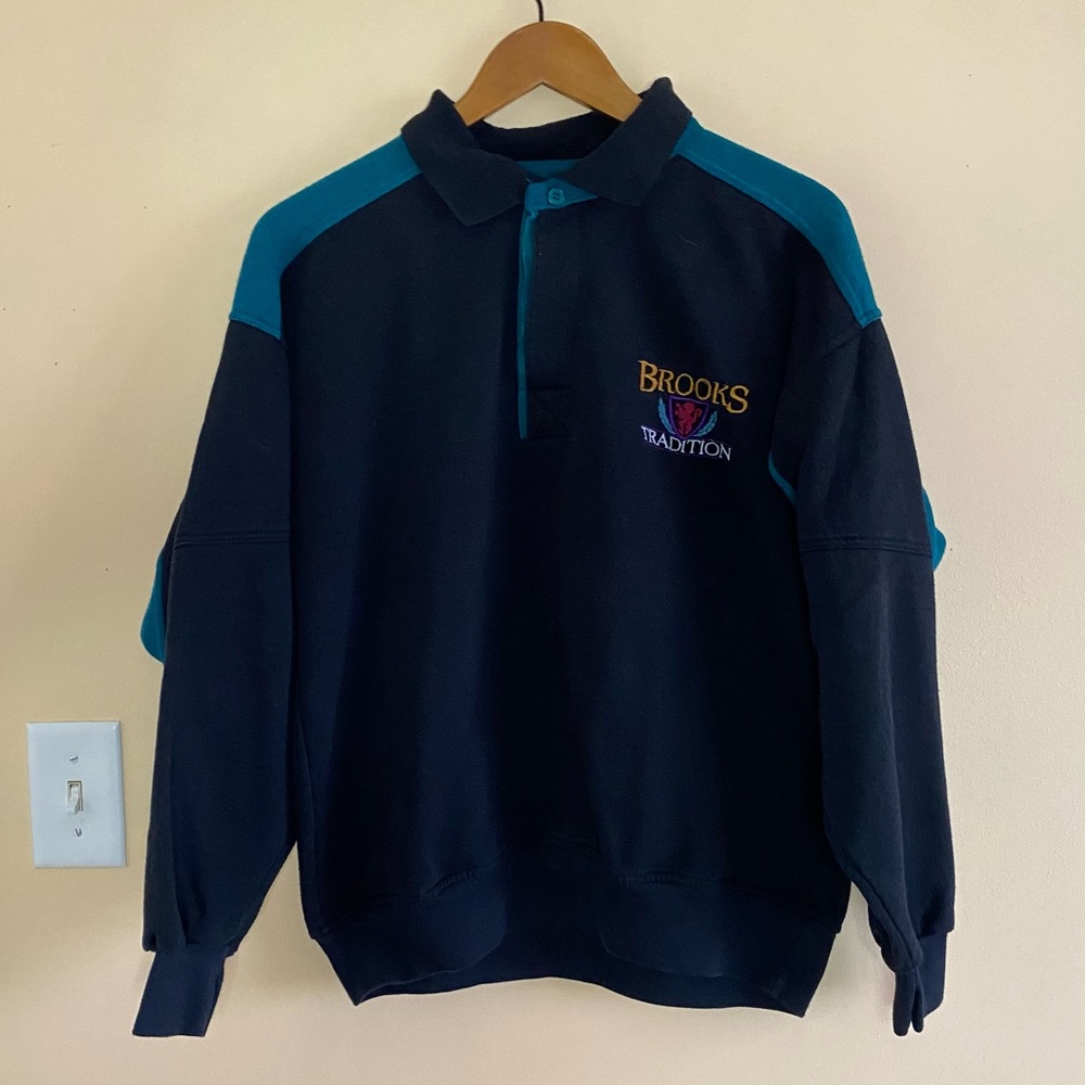 Vintage Brooks Tradition Rugby Collar Sweatshirt Navy Teal Embroidered Logo Med - Picture 2 of 15